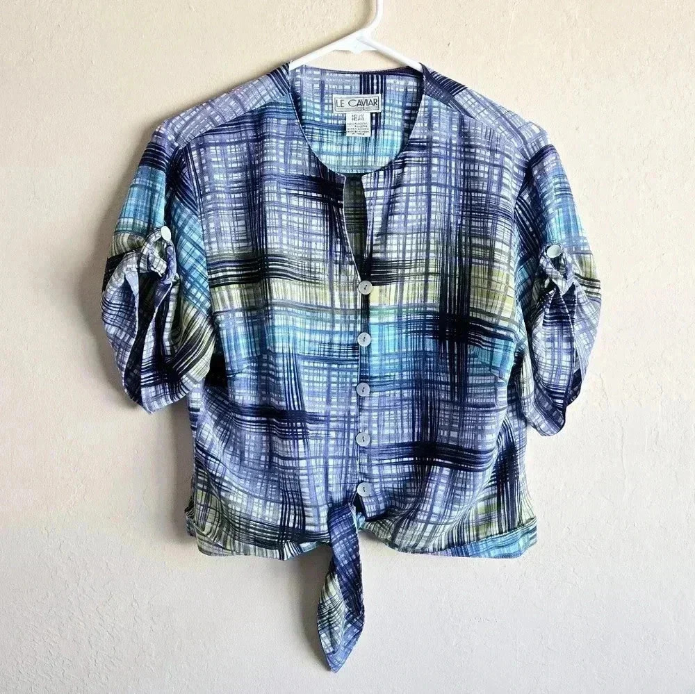 Vintage le caviar blue plaid Tie Front cropped button up blouse size medium